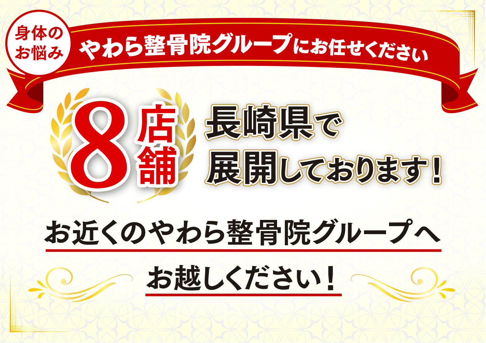 長崎県で8店舗展開しております！お近くのやわら整骨院グループへお越しください！